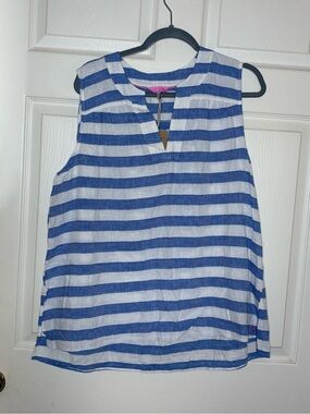 Joules Blue and White Striped Sleeveless Tank linen cotton blend